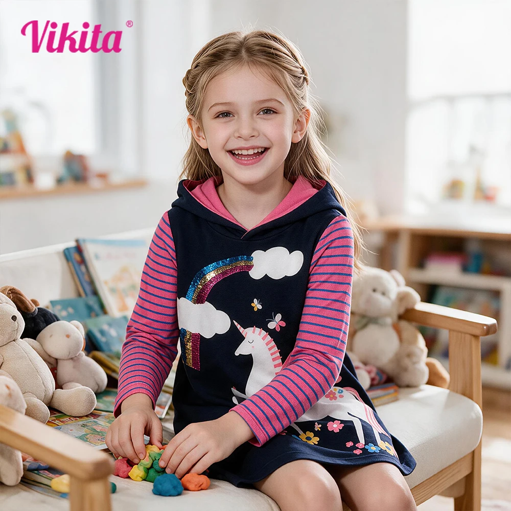 VIKITA Toddlers Unicorn Flower Print Hooded Dress Kids Long Sleeve Sweatshirt Frocks Fall Spring Cotton Casual Pullover Dresses