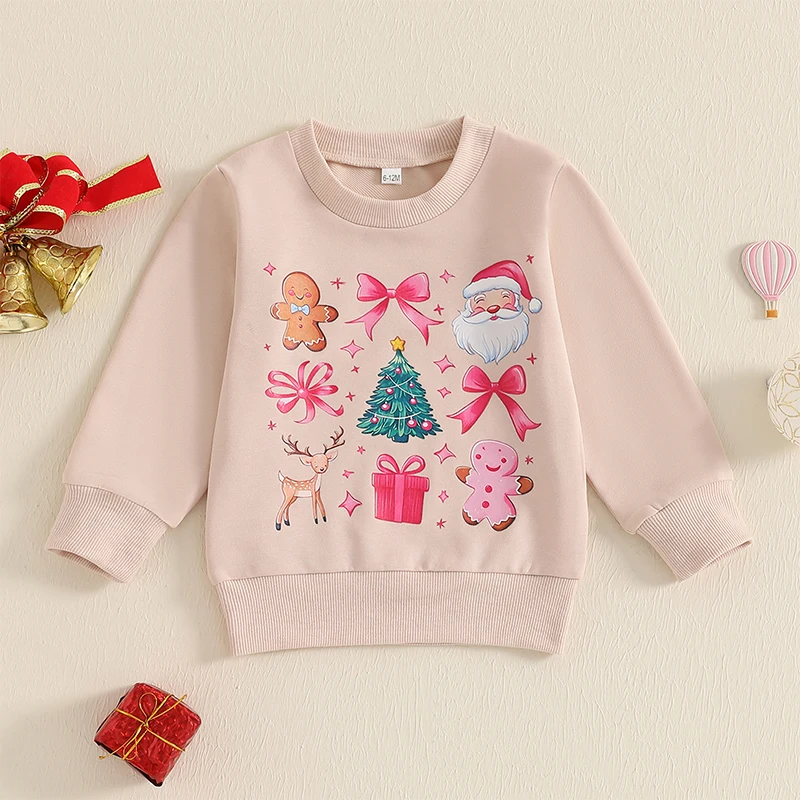 

2024-08-30 Lioraitiin 6M-4Y Kids Girls Xmas Sweatshirt Long Sleeve Crew Neck Bow Print Pullover Hoodie Christmas Costume