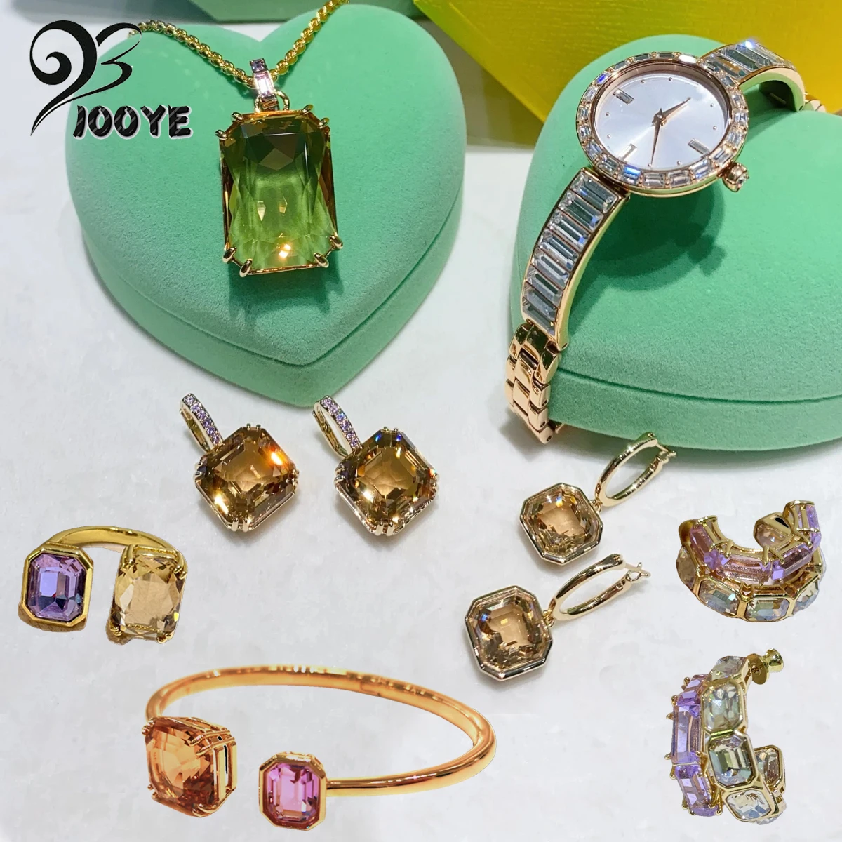 

2025 New Trend Luxury Party Jewelry Set Charm Gold Purple Geometric Crystal Fashion Necklace Ring Earring Romantic Gift forWomen