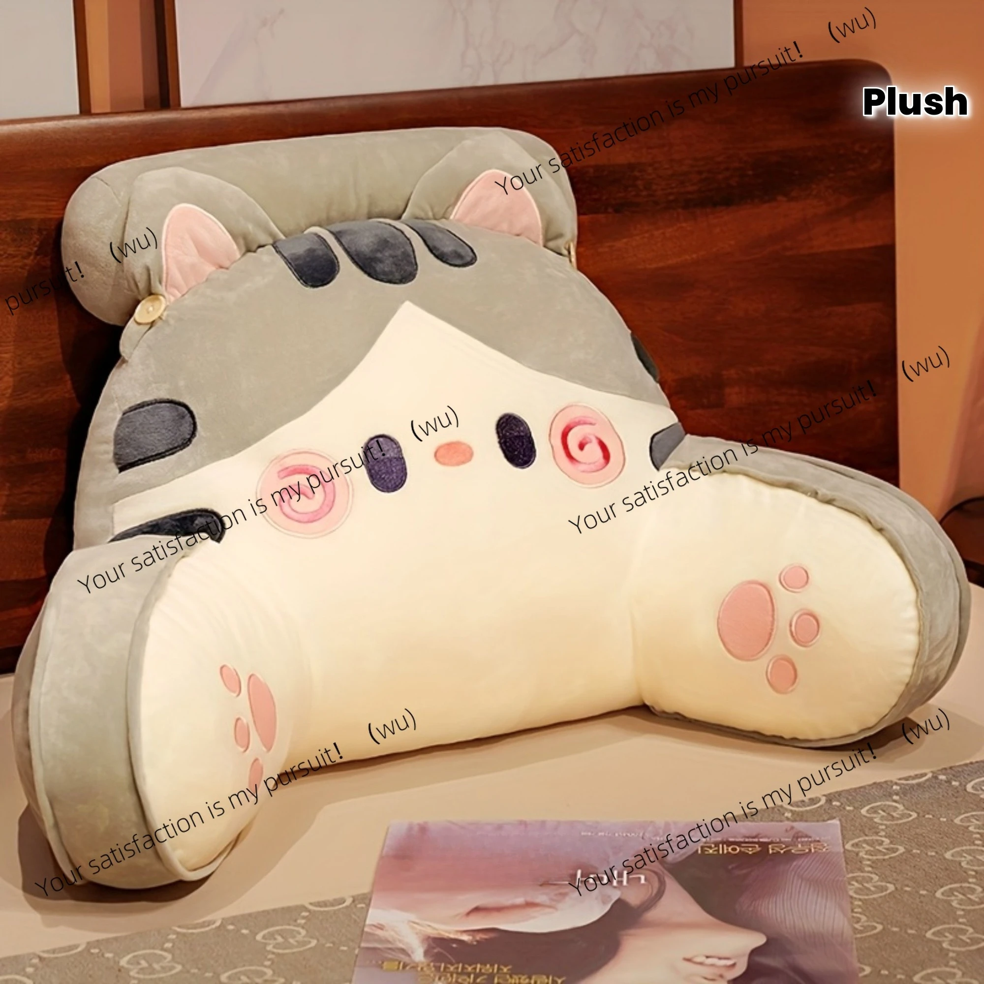 Giant cat plush throw pillow with extra thick support, grey/white comfortable polyester seat cushion.