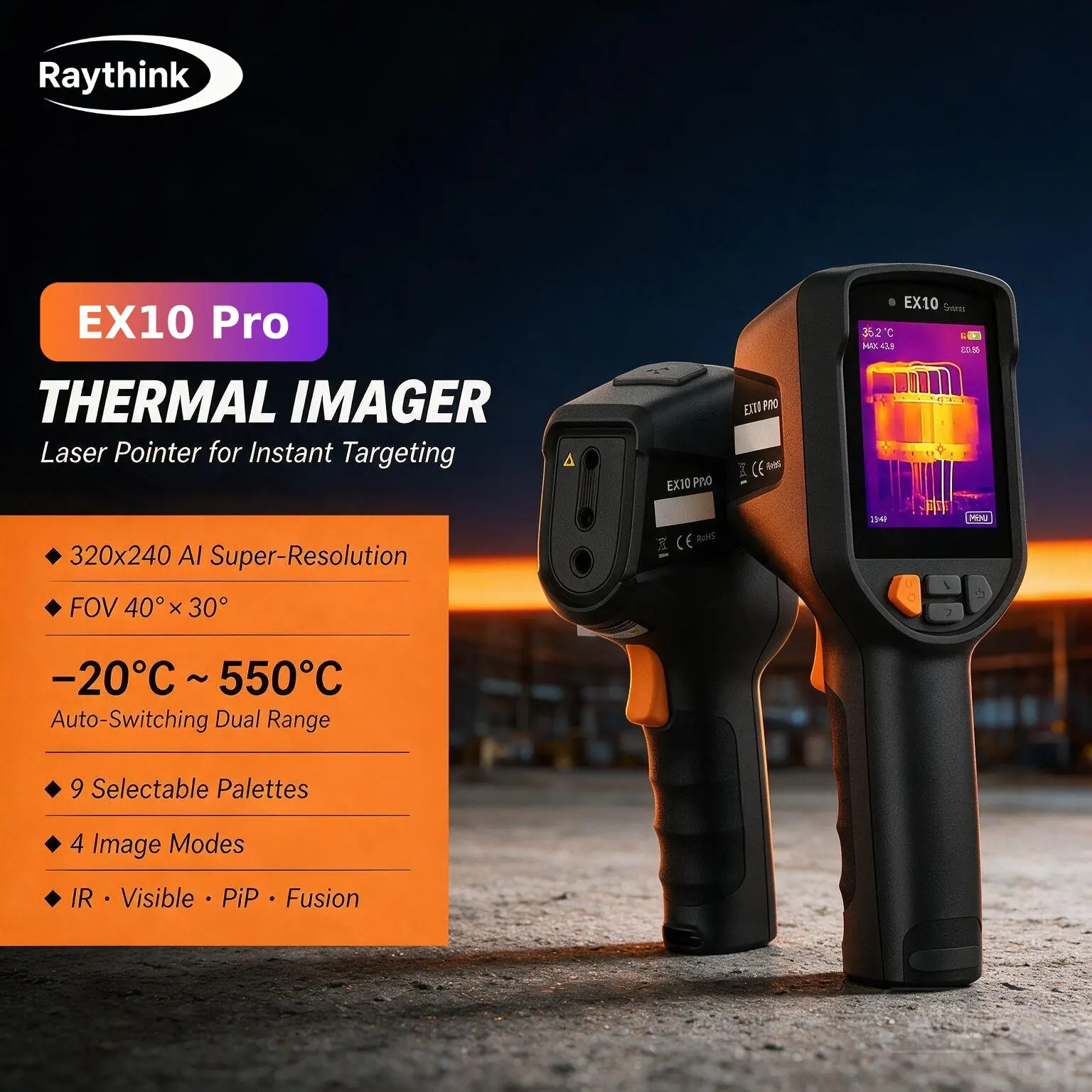Raythink EX10 Pro Thermal Imaging Camera  −20°C~550°C 4 Modes IR Visible Light Fusion 40x30 FOV Laser Pointer 9 Color Palettes