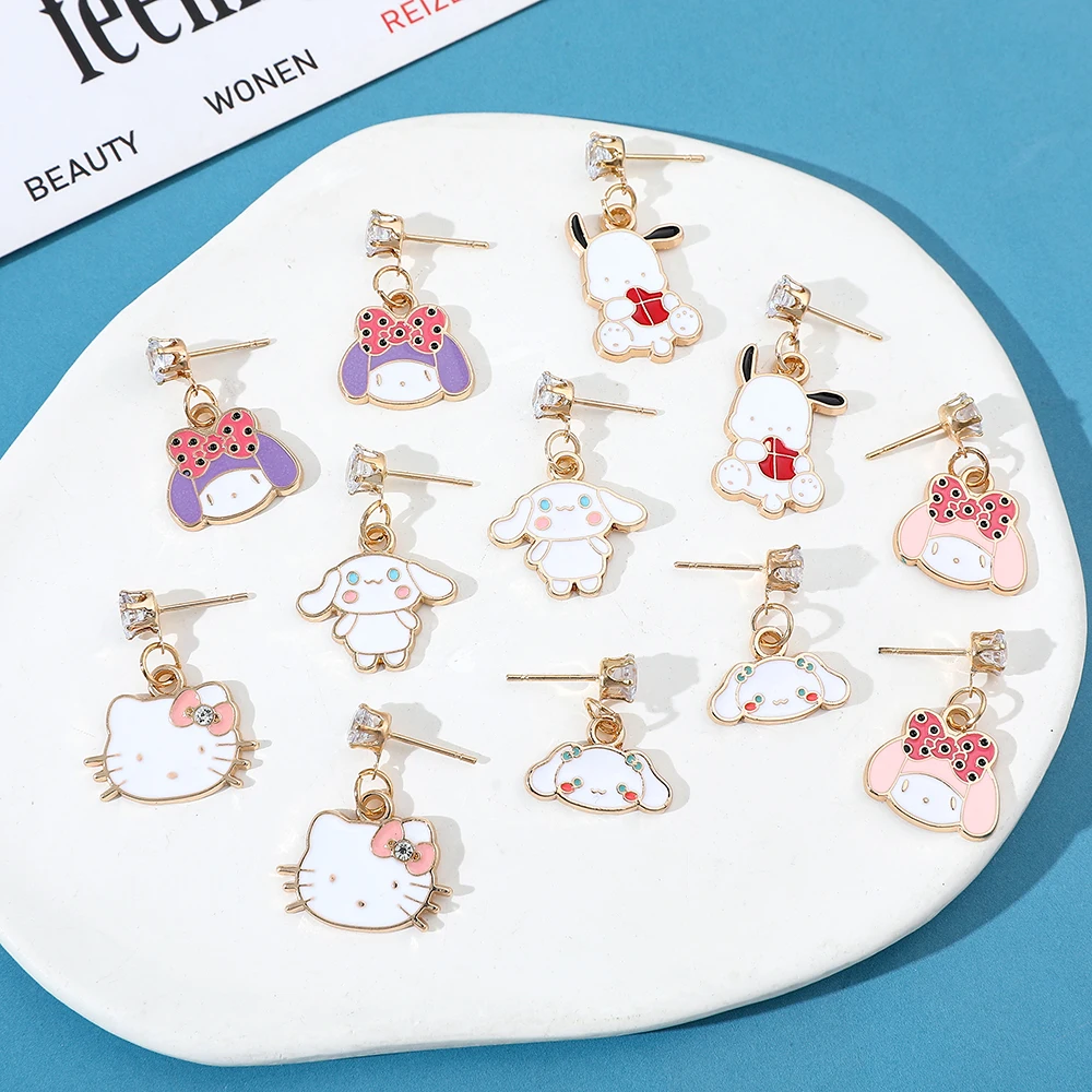 Sanrio Hello Kitty Earrings Stud Women Cute Kuromi Dangle Earrings Girl Cinnamoroll Melody Accessory Kids Xmas Gift