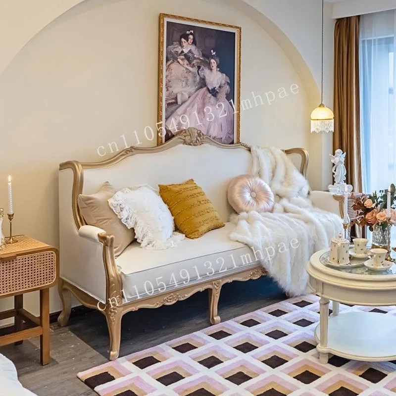 

2025 new French solid wood three-person sofa, small apartment light luxury studio photo, designer gold carved sofa combination