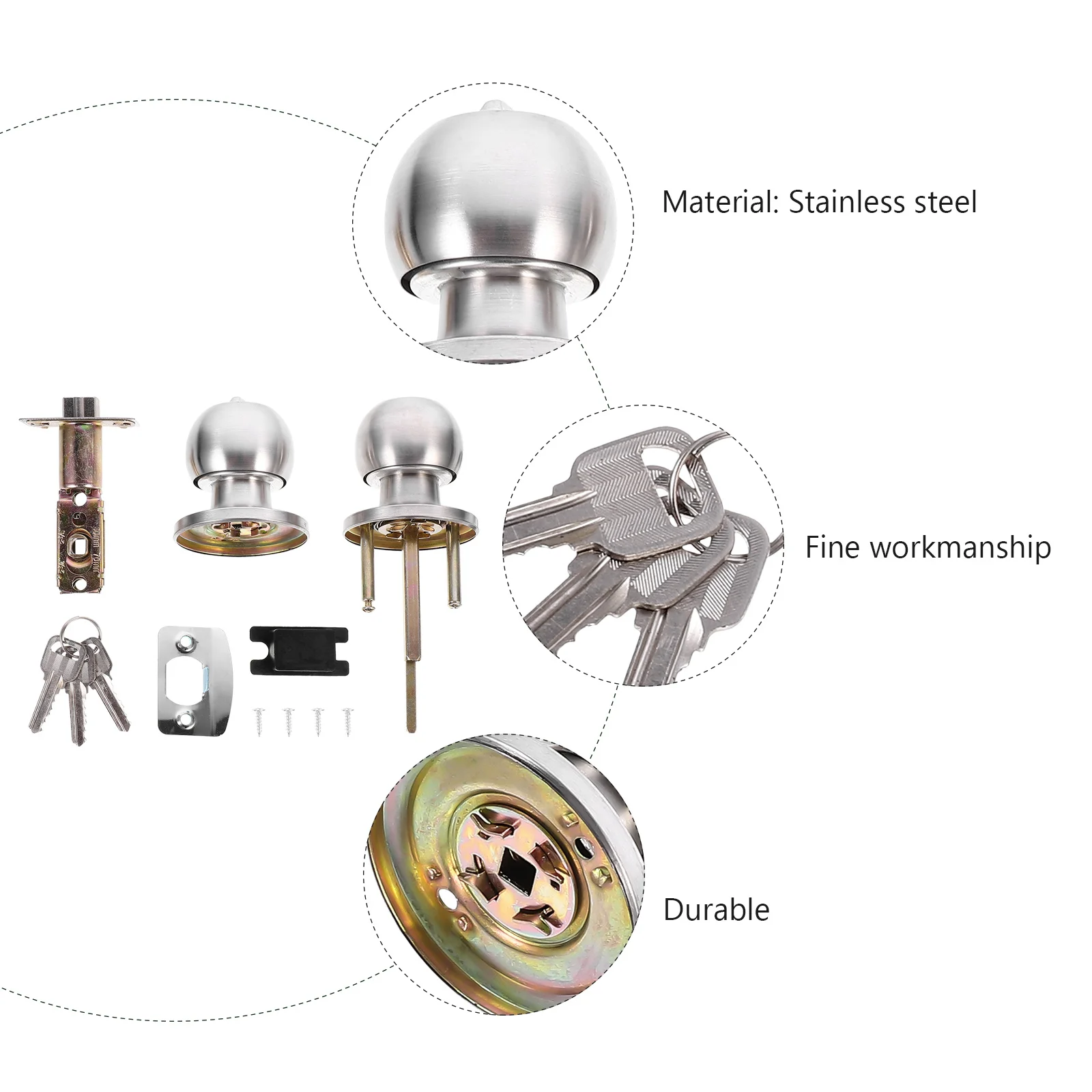 

1 set 1 Set Stainless Steel Spherical Lock For Bedroom Door Home Room Knob Lock Simple Installation Door Hardware Accessory