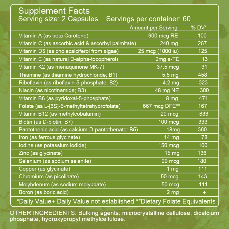 BEWORTHS Multivitamin & Minerals Capsules Adult Daily Vitamin Supplements Iron,lodine,Zinc,Selenium and Vitamin A,B,C,D3 & K2