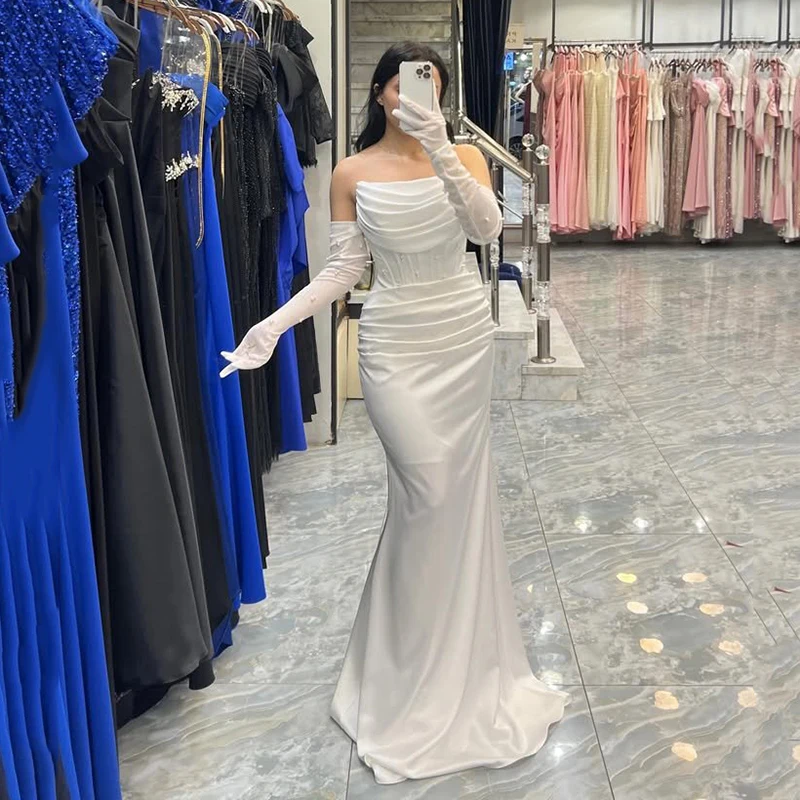 

Eightree Simple Mermaid Wedding Dresses Strapless Beadings Satin Scarf Bridal Dress White Wedding Ball Prom Gowns Customized