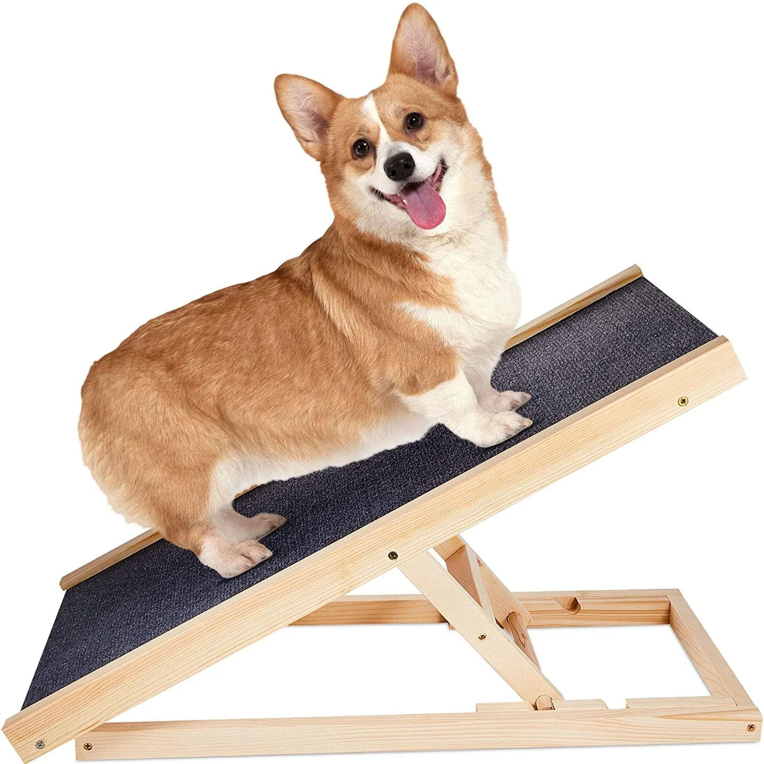 

Pet ramp with leash pad Wooden adjustable for dogs and cats with non-slip carpet