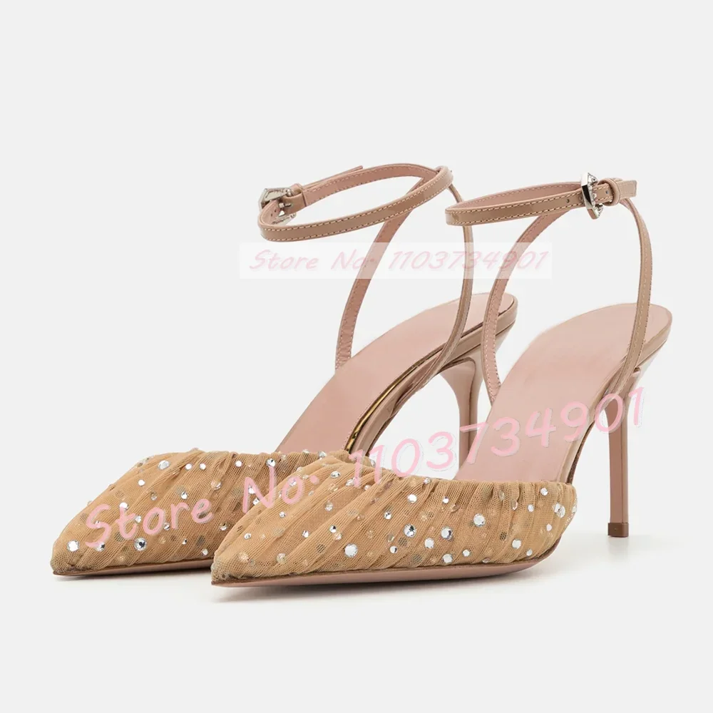

Crystal Mesh Pointed Toe High Heels Sandals Women Ankle Strap Solid Pleated White Sandals Lady Fashion Classy Elegant Shoes