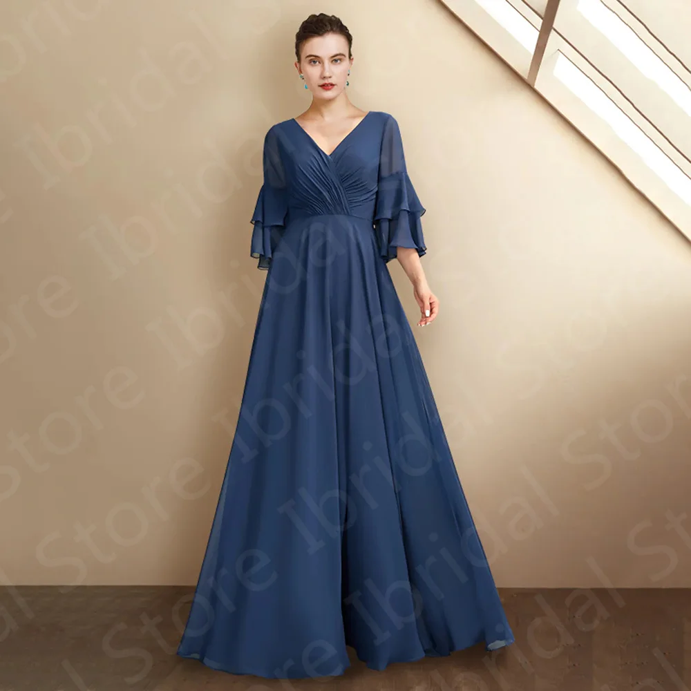 On Sale Simple Dark Blue Mother of the Bride Dresses Chiffon V Neckline   3/4 Sleeves Wedding Guest Gowns 2023