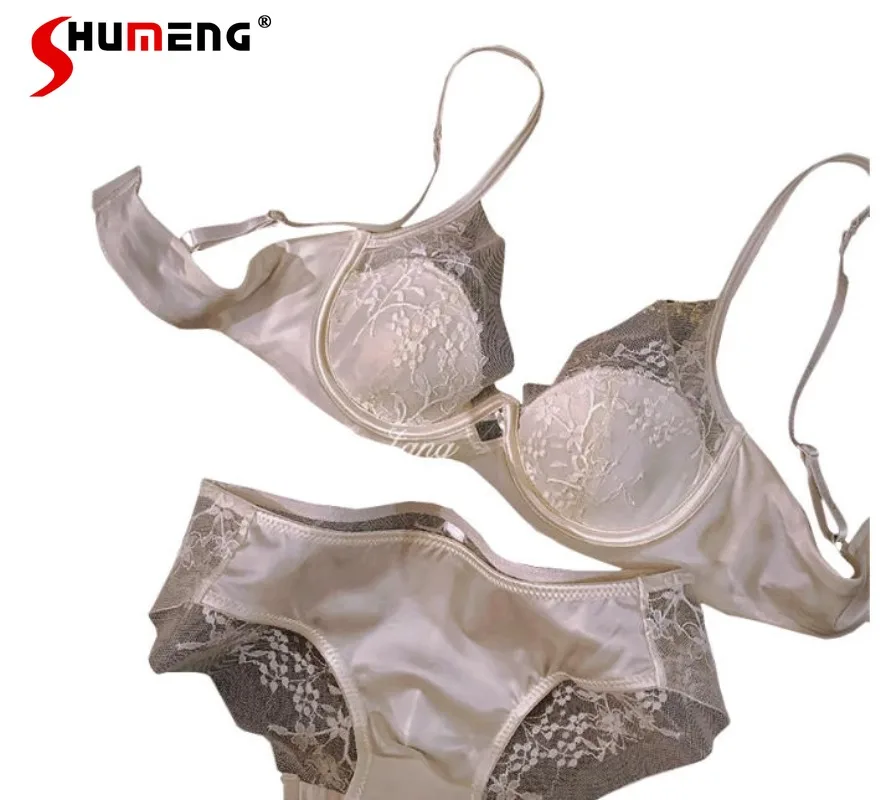 French Lace Bra Set for Women Satin Chest Push Up Anti-Sagging Brief Suits Female Large Chest Sexy Underwear Intimates