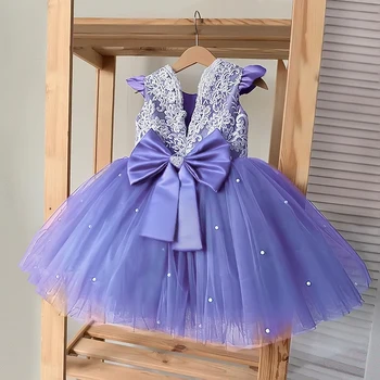 12M Baby Girl Princess Dress Infant One Year Birthday Outfits Toddler Girl Flower Bow Evening Party Tutu Gown Kids Gala Clothes