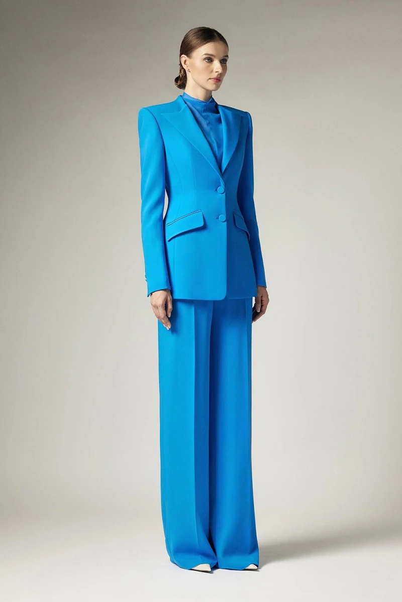 Business Women Suit Set 2 Piece Blazer Jacket Solid Color Wide Leg Pants Fashion Blue Pantsuits Coat+Trousers Customize