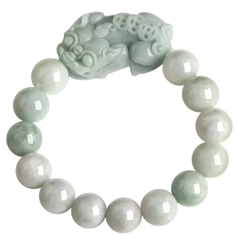 

Real Natural Grade A Jade Jadeite Men Women Lucky Coin Pixiu 13mm Glossy Round Beaded Bracelet