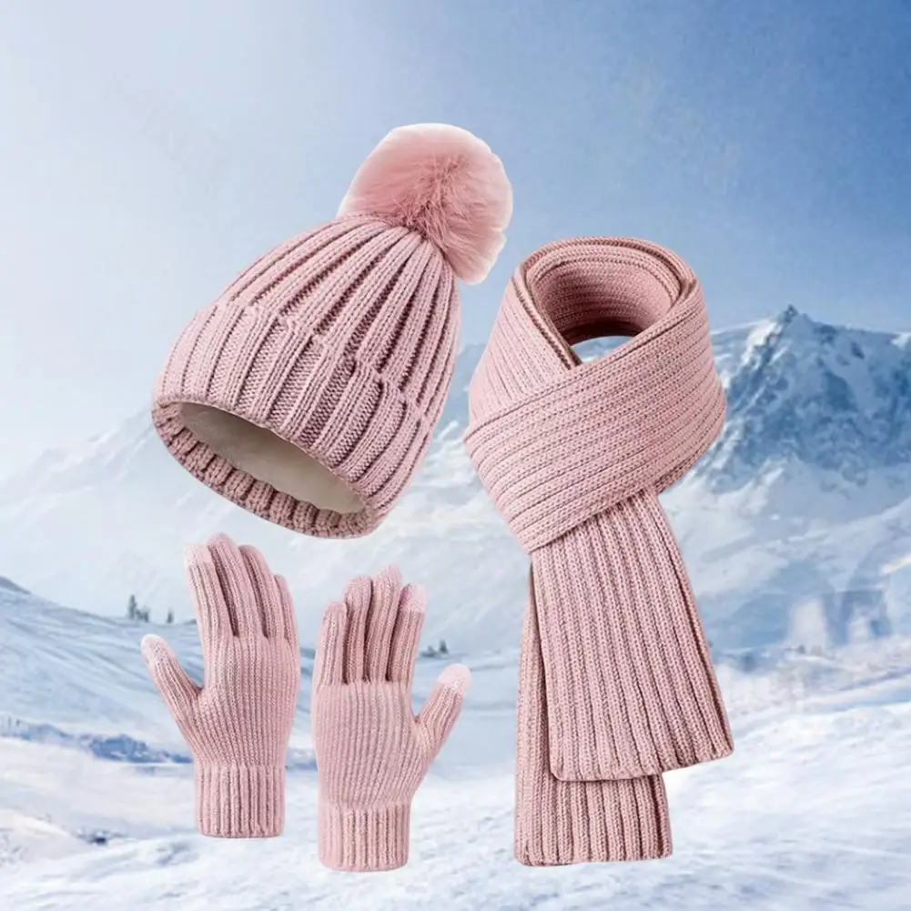 Double Layer Gloves Winter Beanie Scarf Gloves Set for Women Knitted Warm Cap with Friction Palm Gloves Elastic Ear