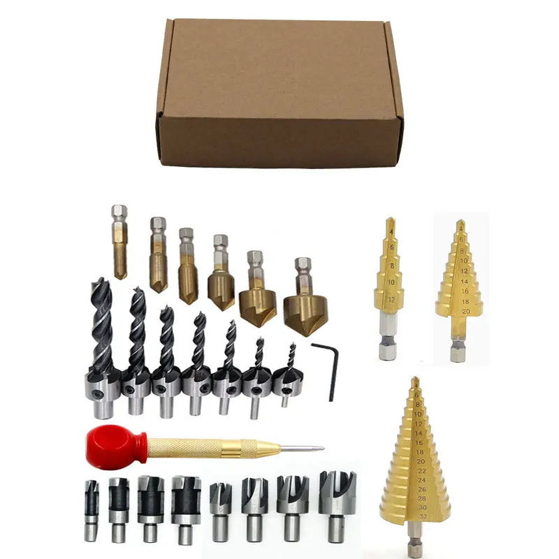 26-piece woodworking drilling DIY set step drilling five-edge chamfer countersink drilling corks drilling center punch set