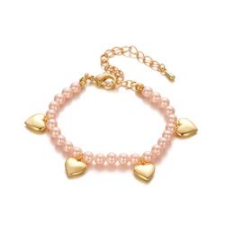 Gold Pink Beads With Heart Hamdmade Bracelet for Kids Fashion Accessories Holiday Gift