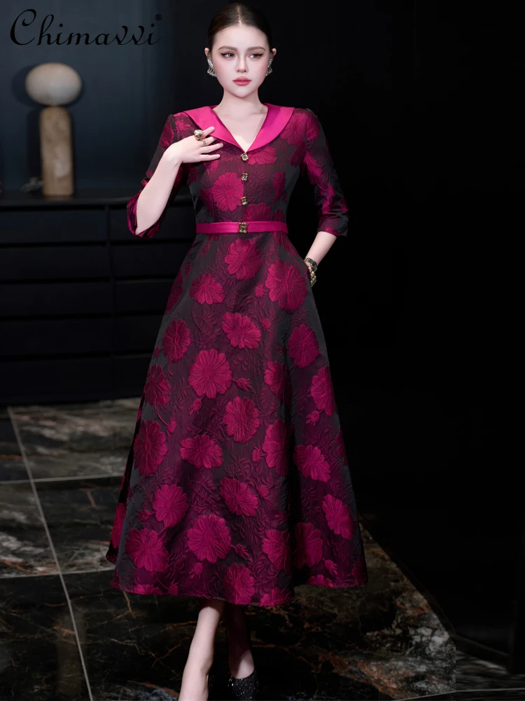 ชุดราตรีหรูหราสไตล์ฝรั่งเศส ผ้าแจ็คการ์ด ทรงเอ เอวสูง ดีไซน์เรียบหรู ยาวสำหรับผู้หญิง ฤดูใบไม้ผลิ 2026