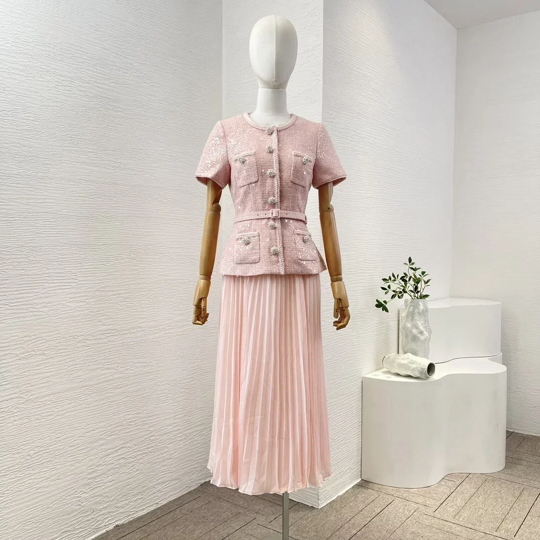 Women Pink Short Sleeve Pleat Sequined Front Buttons Closure Midi Dress Self Tie Belt At Waist