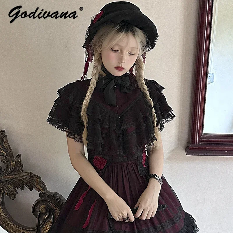 Gothic Lolita Inner Shirt Retro Women's Lace Stitching Short Lace Ruffled Cape Shirt Sweet Blouses