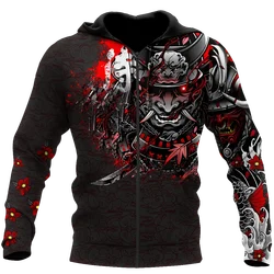 Moletom casual com zíper Harajuku masculino, pulôver unissex, moletom estampado em 3D, tatuagem samurai, outono, inverno, novo, 6XL, 2024