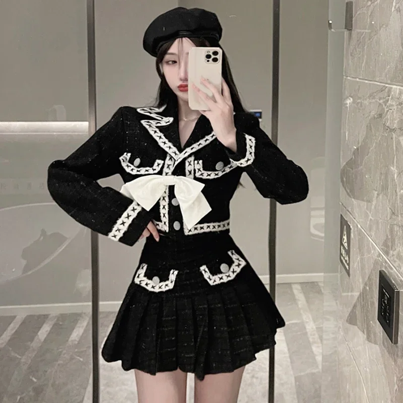 Womens Black Tweed Elegant 2 Piece Sets Women Business Small Fragrance Jacket Coat Female A-Line Skirts Ladies