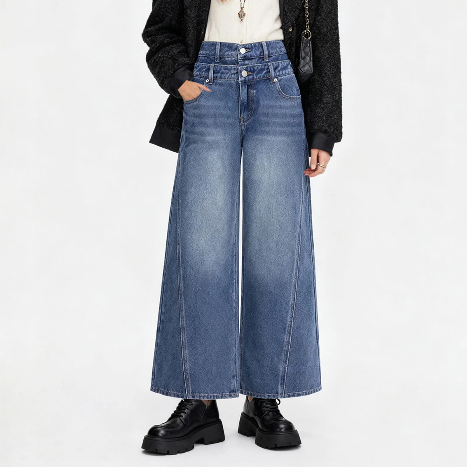 بنطال جينز نسائي أساسي مع جيوب بتصميم أنيق بخصر مزدوج كاجوال عالي الارتفاع وواسع الساق من قماش الدنيم #3