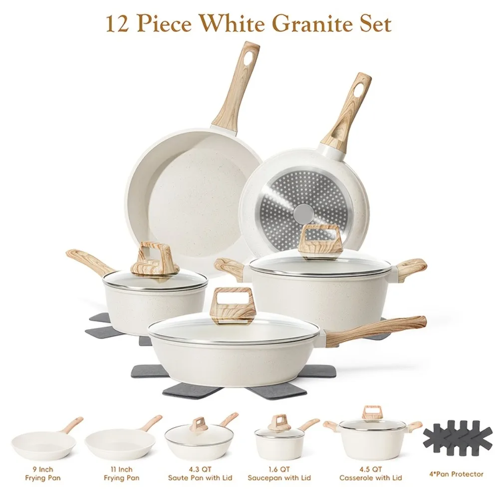 12pcs Non-Stick Granite Cookware Set Complete Kit with Frying Pans, Casserole, Saucepan, Lids Compatible