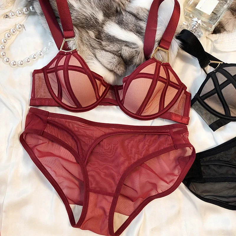 

French Classic Lattice 1/2 Thin Cup Women Underwear Set Sexy Lace Push Up Bra Set Fashion Lingerie Adjustable Wide Strap Bras