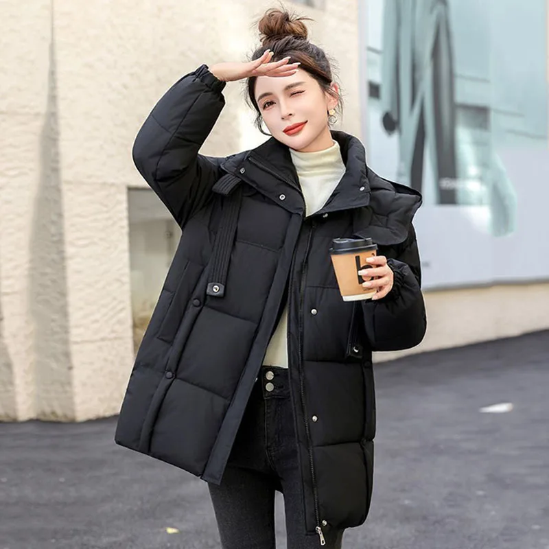 Black Down Cotton Jacket Women 2026Winter New Korean Edition Loose Down Parker Hooded Coat Female Cold Resistant Parker Overcoat
