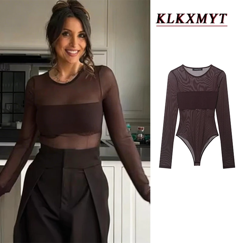 

Женский летний комбинезон с вырезами и сеткой, модный, с длинными рукавами, тонкий, с круглым вырезом, коричневый, очаровательный, пляжный комбинезон-боди