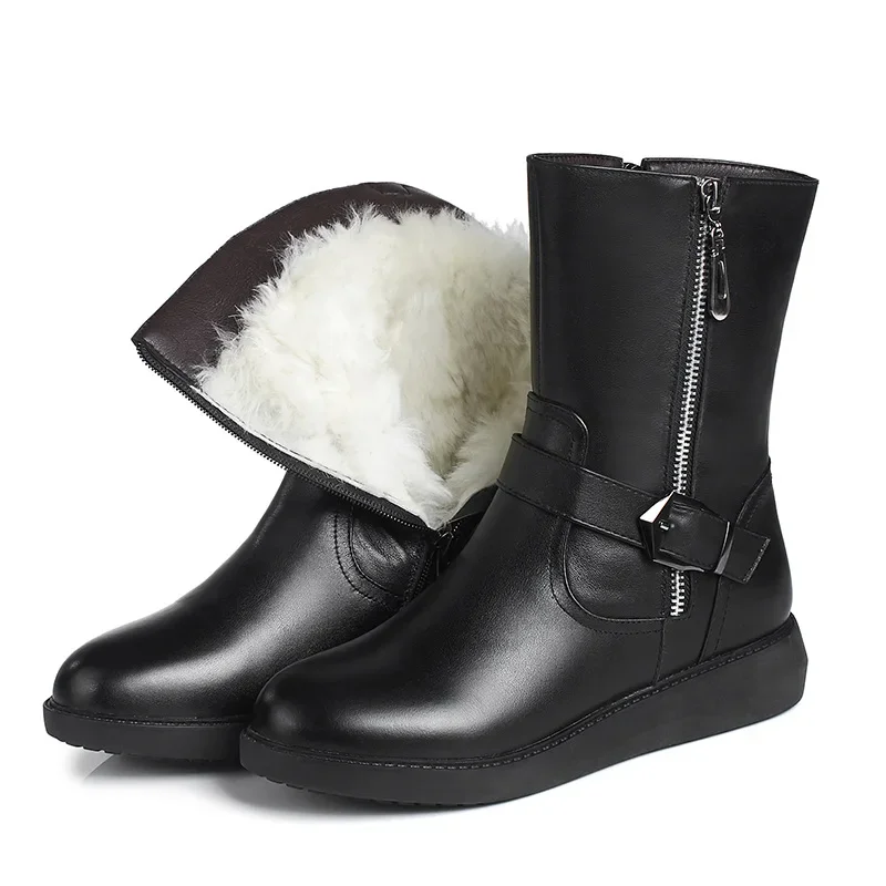 Big Size 35-43 Women Snow Boots Winter Thick Wool Warm Mid Calf Boots Women Fashion Soft Leather Low Wedge Cotton Boots