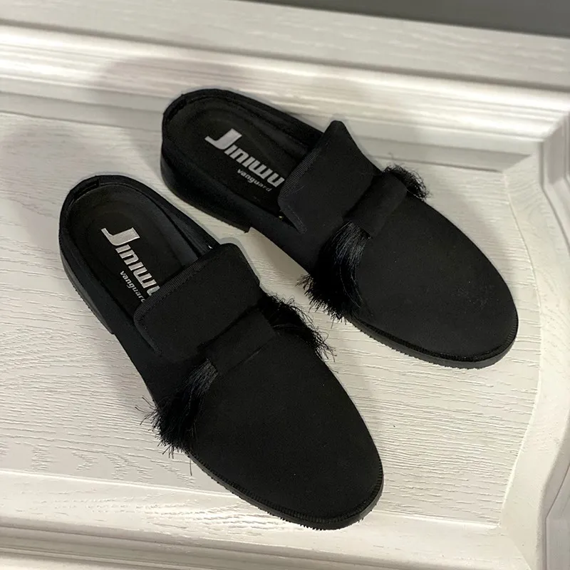 JINIWU 2026 Autumn Tassel Mules for Men, Solid Black Linen Fabric Closed Toe Slides, Handmade Breathable Casual Slippers
