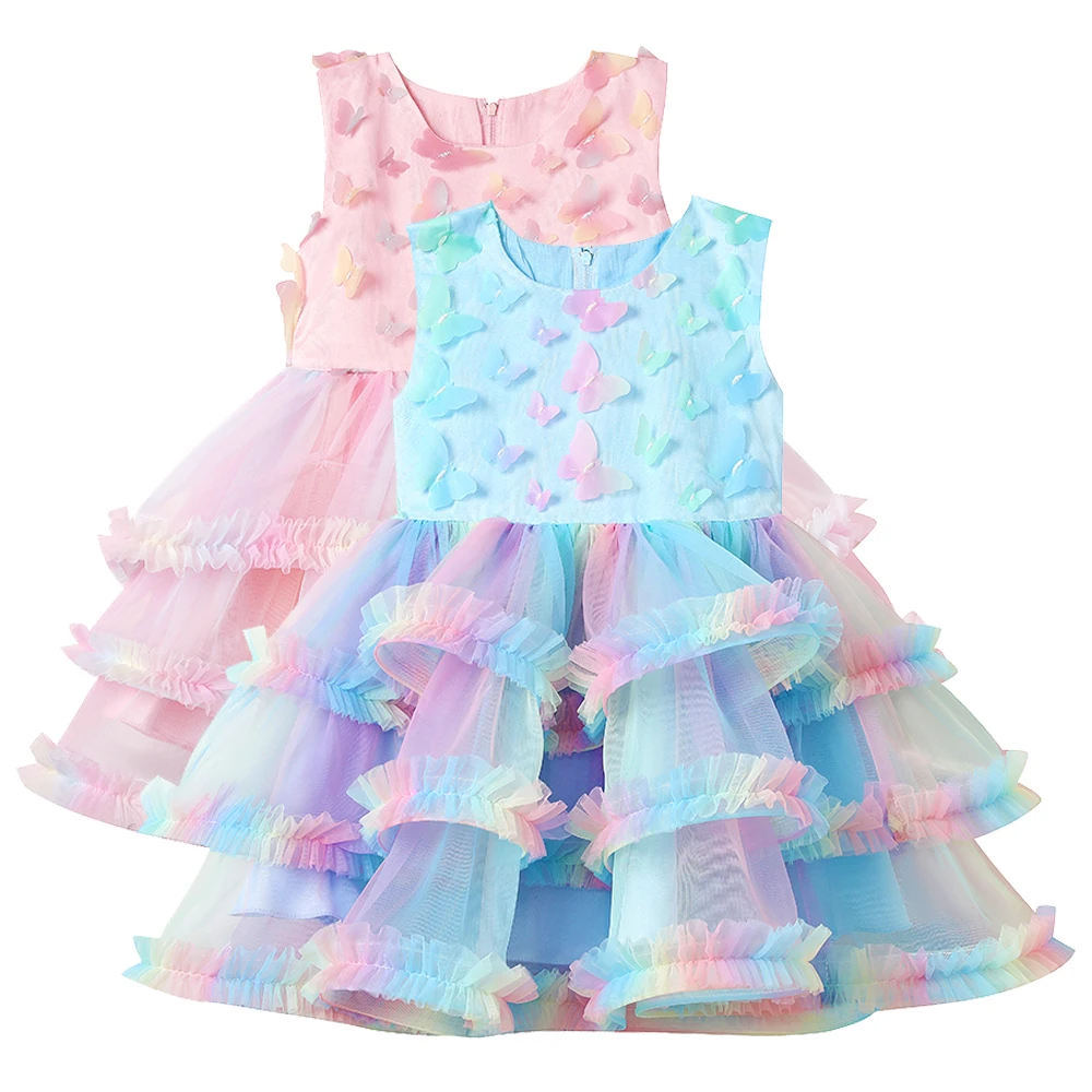 Multi-color Gradient Rainbow Tiered Dress Birthday Carnival Kids Ruffles Performance Pageant Party Princess Gown for 2-14Y Girls