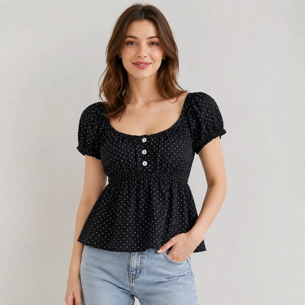EOENKKY Women Polka Dot Puff Sleeve Blouse Wide Round Neck Gathered Waist Peplum Top Casual Short Sleeve Spring Shirt