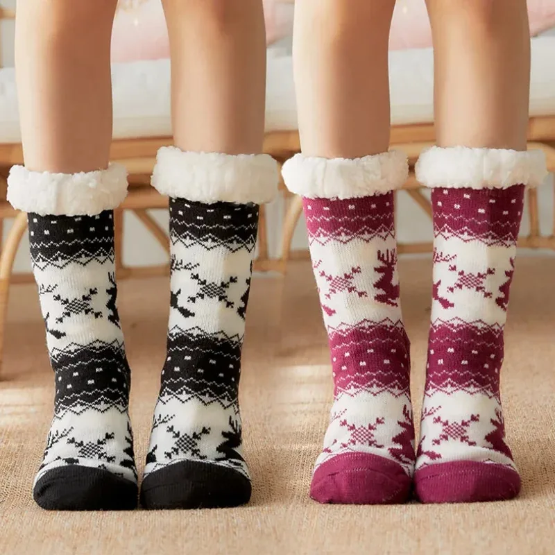 

Рождественский подарок, тапочки, носки, женские зимние плюшевые мягкие нечеткие напольные женские пушистые дизайнерские силиконовые нескользящие носки с оленем и лосем