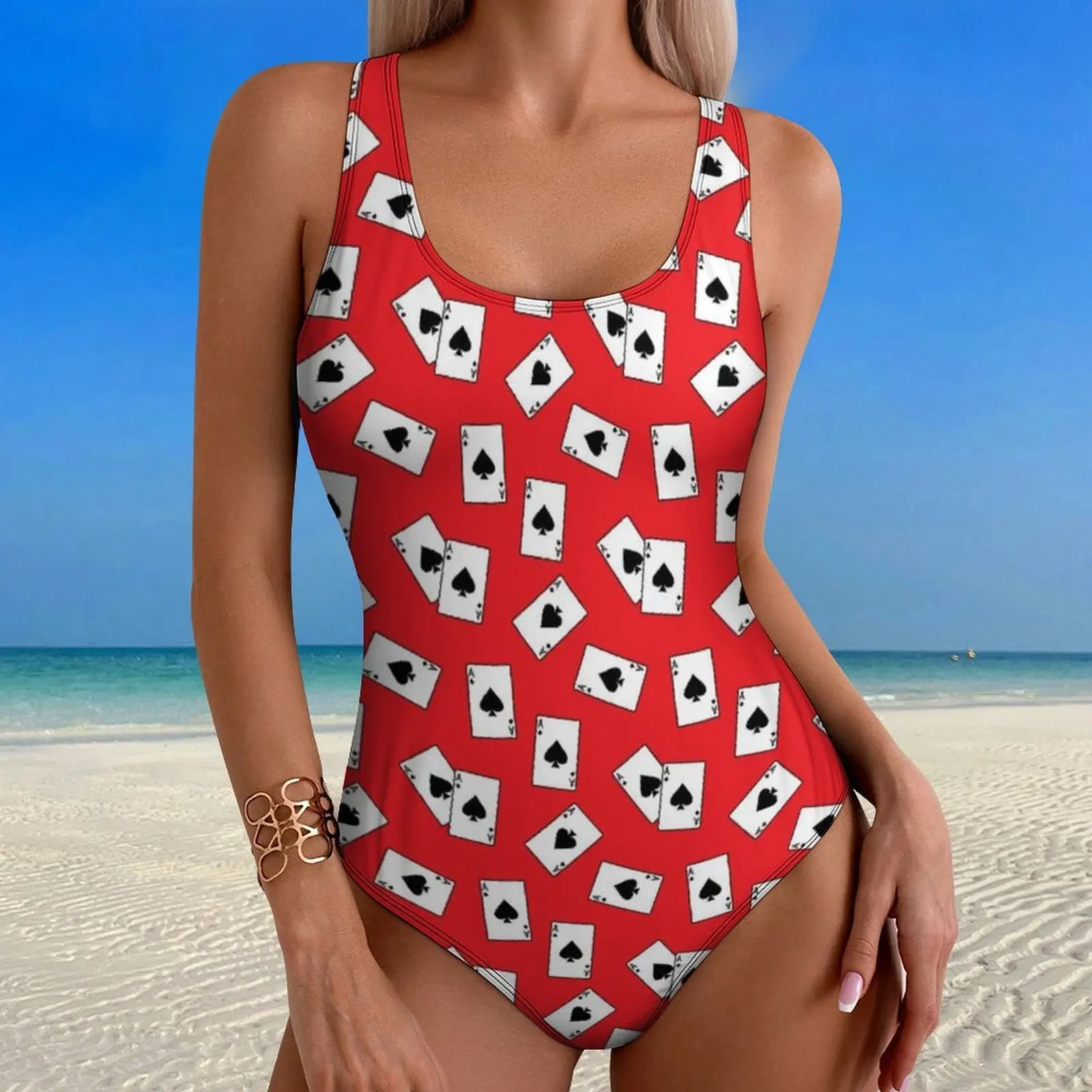 Ace Of Spades Red And White Playing Card Swimsuit One Piece Swimwear Push Up Elegant Bathing Suits Fitness Graphic Swimsuits