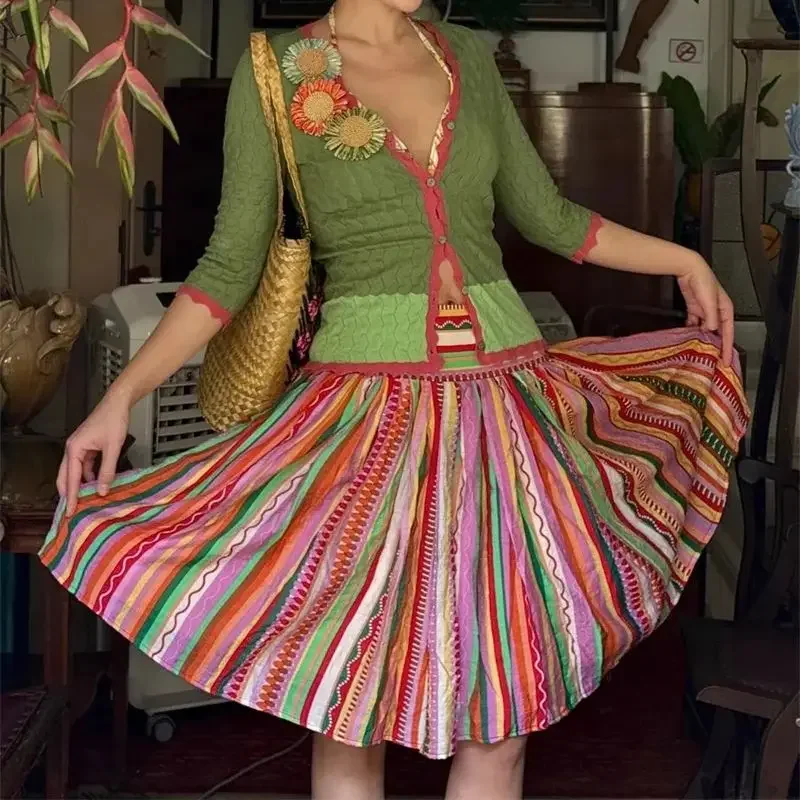 

Новая летняя модная полосатая юбка женская винтажная контрастного цвета с высокой талией повседневные трапециевидные юбки длиной до колена праздничная одежда