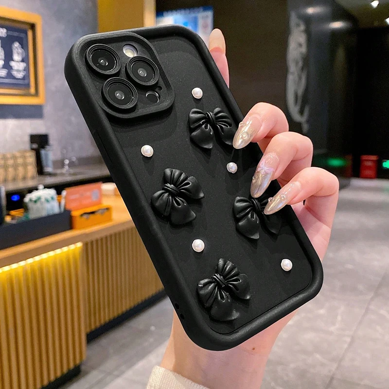 Koreanische 3D-Schleifen-Perlen-Handyhülle für iPhone 13 14 15 16 17 Pro Max 14 13 12 11 Pro XS 7 8 Plus Stoßfeste Matte Silikonhülle – Detail 1