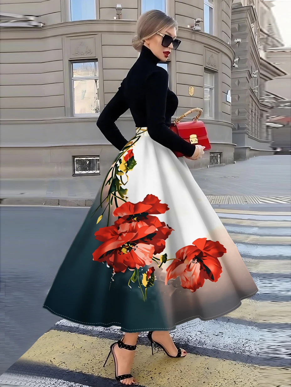 Printed Design Four Seasons Casual Style Red Flower Gradient Printed Half Skirt