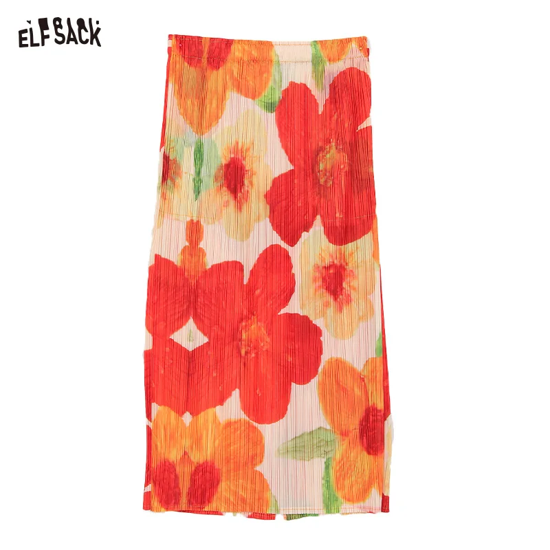 ELFSACK 2024 summer new arrival Flowers full of Indian fake style contrast color lazy casual seaside wear skirt for women