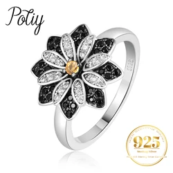 Potiy Flower Natural Smoky Quartz Black Spinel 925 Sterling Silver Cocktail Ring for Women Fine Daily Jewelry Anniversary Gift
