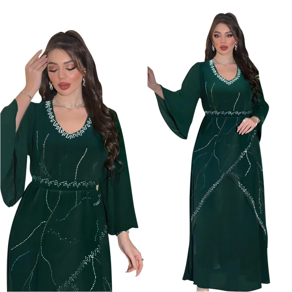 ملابس نسائية عباية عصرية إسلامية فستان شيفون حجر الراين مع حزام