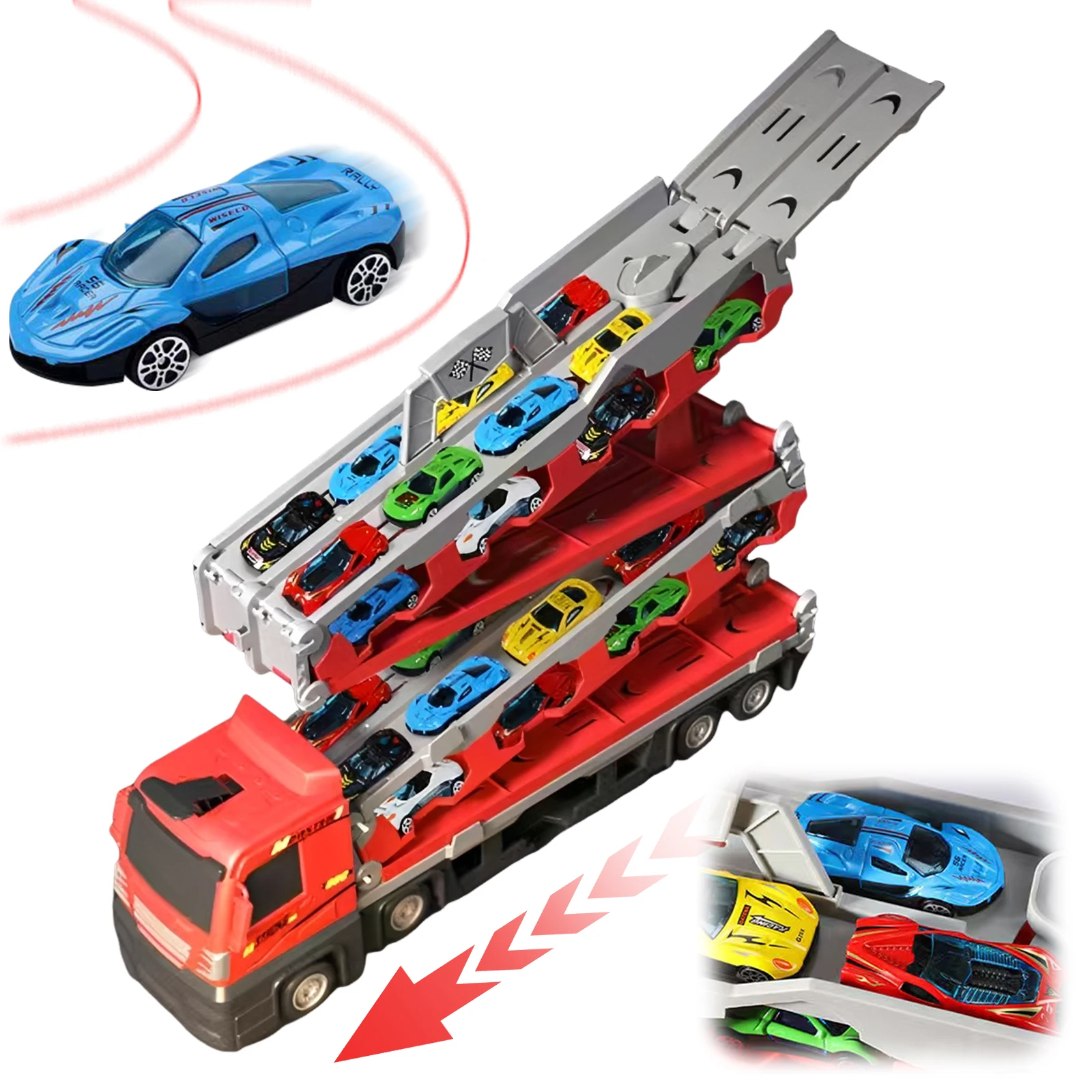 

Игровой набор: Грузовик-перевозчик с 24 гоночными машинками, складная гоночная трасса с функцией выброса для мальчиков и девочек 3-8+ лет