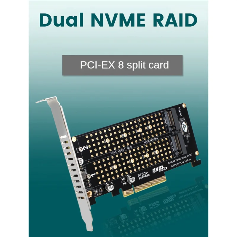 Placa RAID de disco duplo PCI-E X8 NVME M.2 M KEY SSD Adaptador de expansão Estendido Dual NVME RAID PCI-E X8 Placa dividida A002