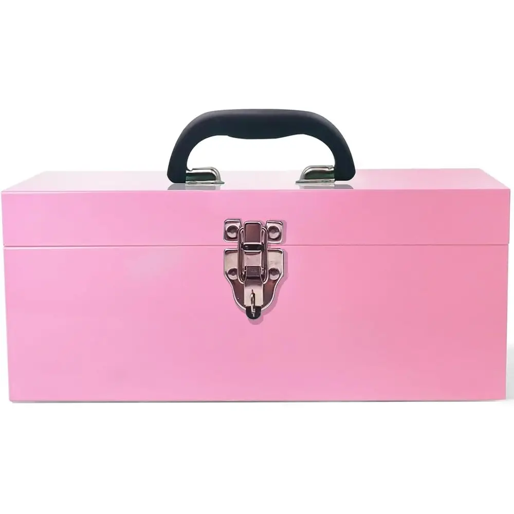 

16" Portable Metal Toolbox Large Tool Box 18-Gauge Fishing Tackle Box Tool Box Drawer Organizer With Metal Latch and Handle Pink