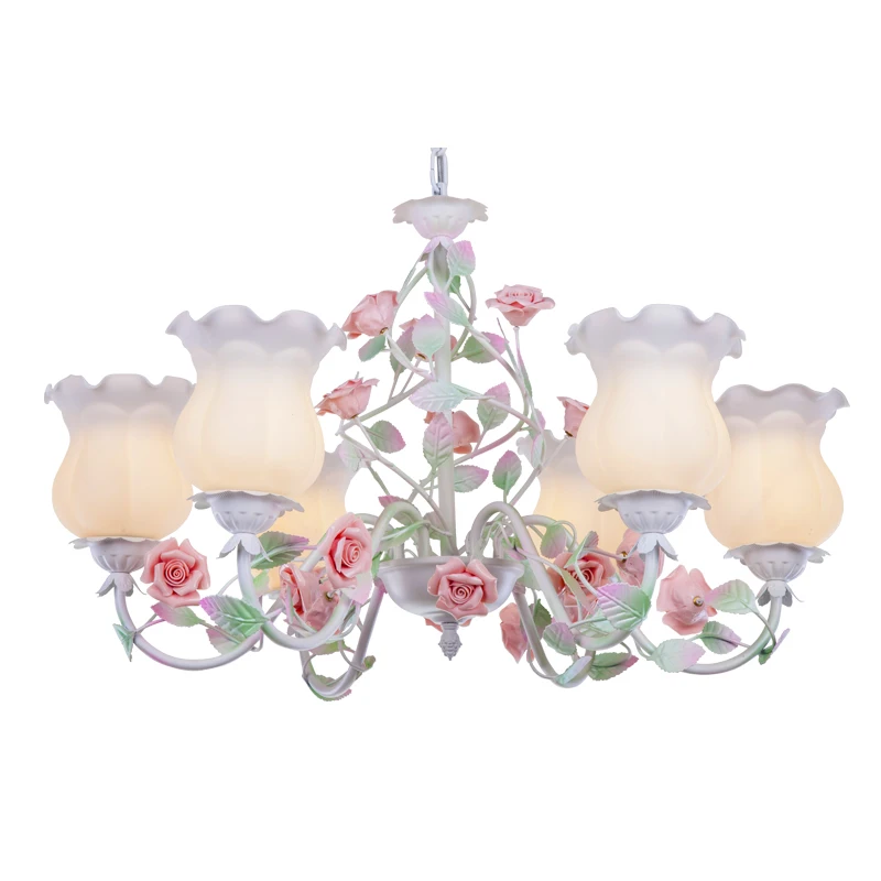 Modern White Pink Rose European Chandelier Lighting Decorative Pendant Hanging Lamp Iron Crystal Chandelier Dining Room Lighting