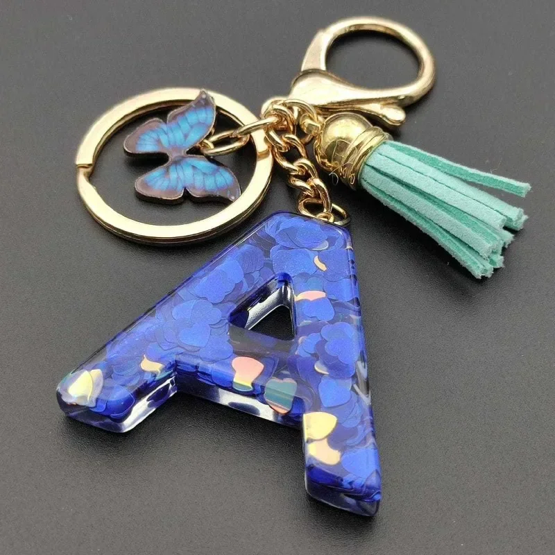 Exquisite Blue Alphabet Initial Letter Resin Keychain Initials Butterfly Tassel Pendant Keyring Women Men Car Key Holder Gift