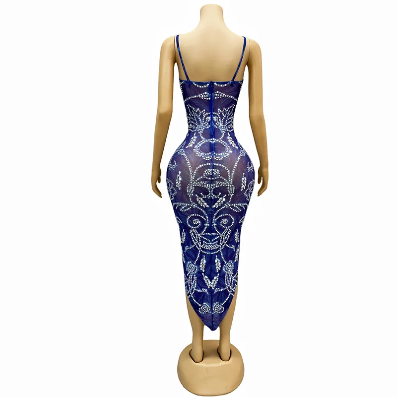 Blue Diamond Slightly Transparent Sexy Temperament Evening Dress Birthday Party Event Evening Singer Performance Evening Dresses