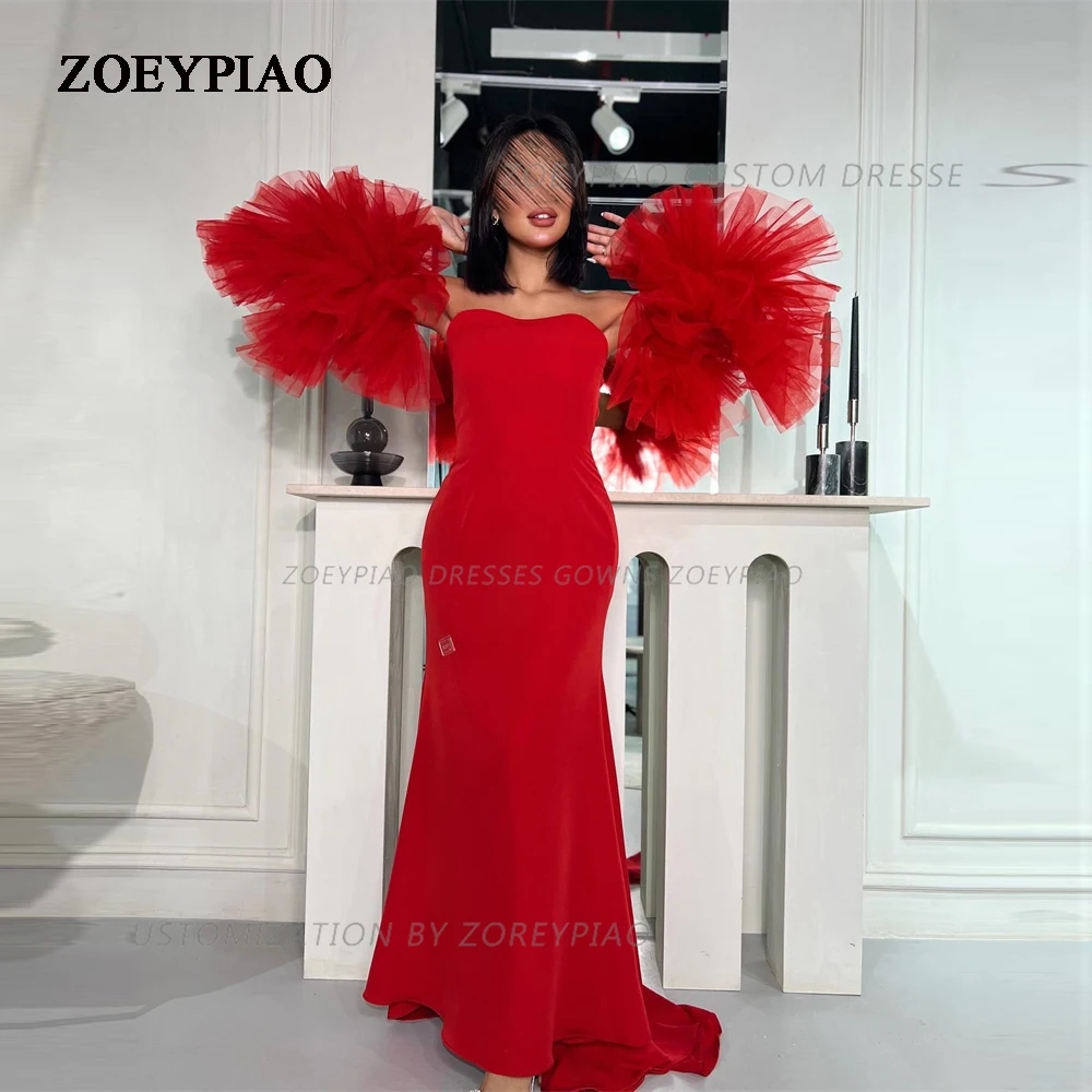 

New Arrivals Red Elastic Evening Dresses Long Tulle Sleeves Women Prom Gowns Arabic Mermaid Formal Occasion Party Dress