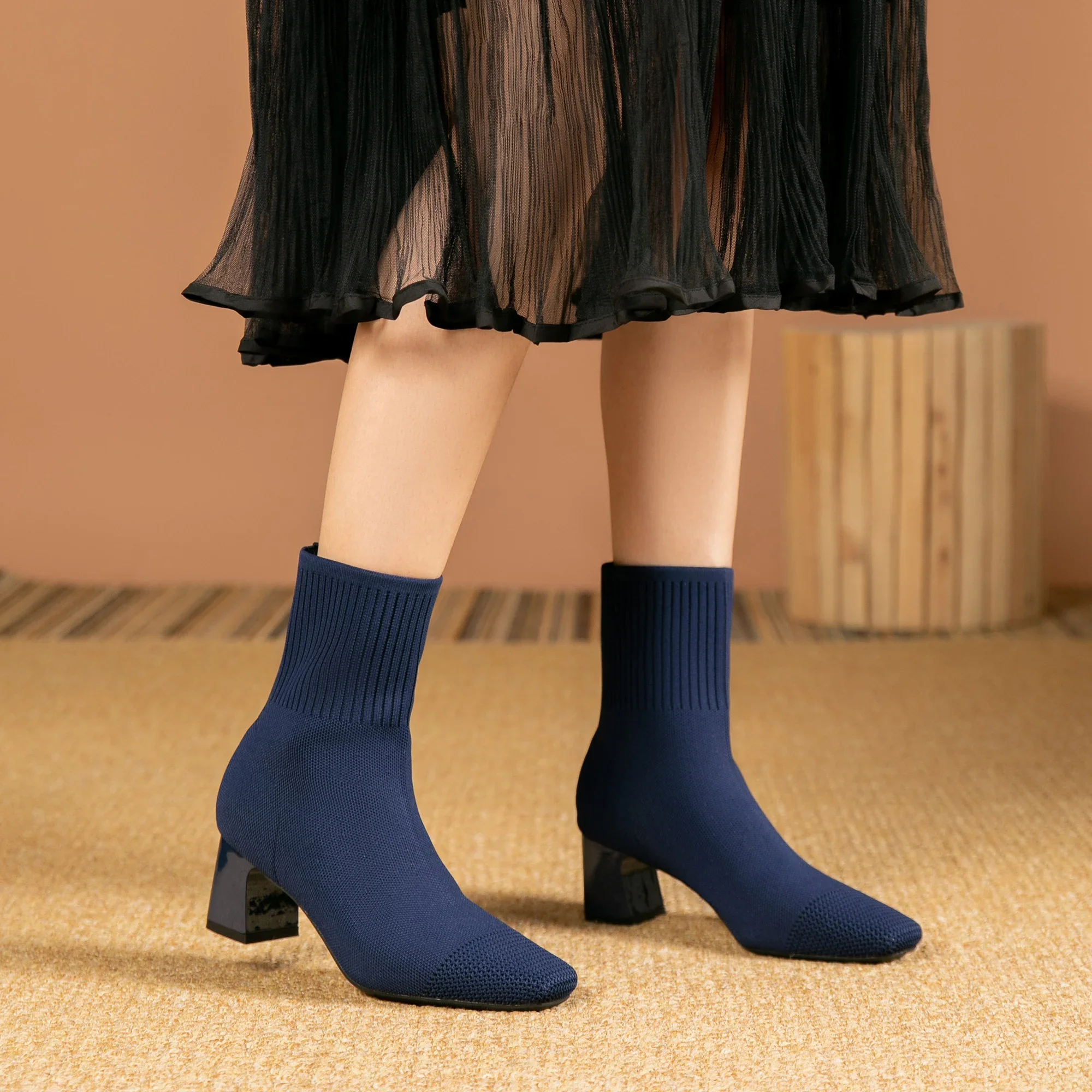 Spring Autumn Knitted Socks Boots Women High Heels Plus Size 43 Fashion Stretch Fabric Pointed Toe Female Slip on Mid-Calf Boots